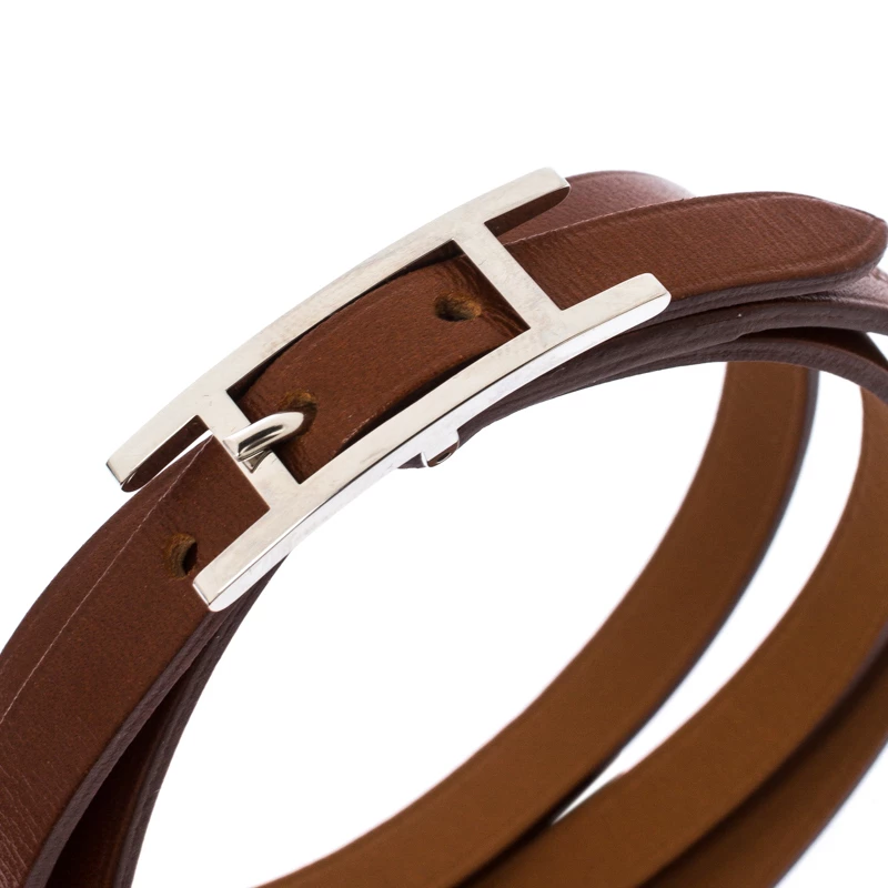Hermes Hermès Hapi Brown Leather Palladium Plated Wrap Bracelet For Men 5 Hermes Hermès Hapi Brown Leather Palladium Plated Wrap Bracelet For Men - Image 3
