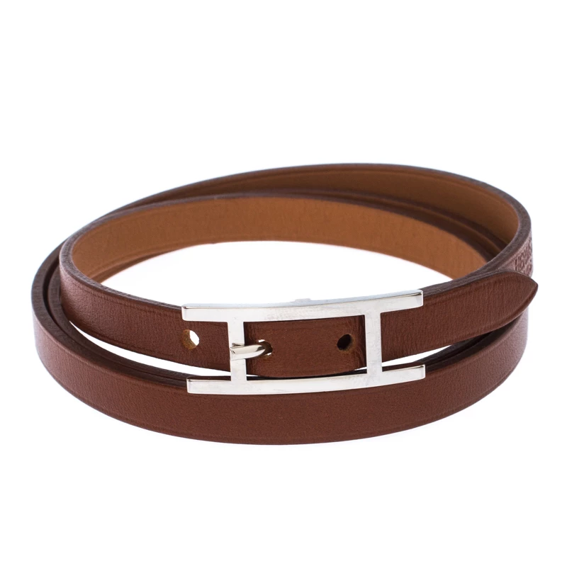Hermes Hermès Hapi Brown Leather Palladium Plated Wrap Bracelet For Men 3 Hermes Hermès Hapi Brown Leather Palladium Plated Wrap Bracelet For Men