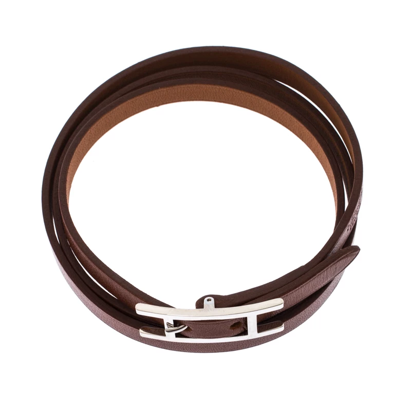 Hermes Hermès Hapi Brown Leather Palladium Plated Wrap Bracelet For Men 7 Hermes Hermès Hapi Brown Leather Palladium Plated Wrap Bracelet For Men - Image 5