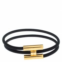 Hermes Tournis Tresse Black Leather Gold Plated Wrap Bracelet For Men