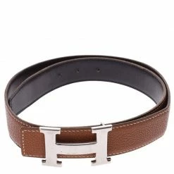 Hermes Brown/Black Leather H Silver Hardware Reversible Belt 80cm For Men