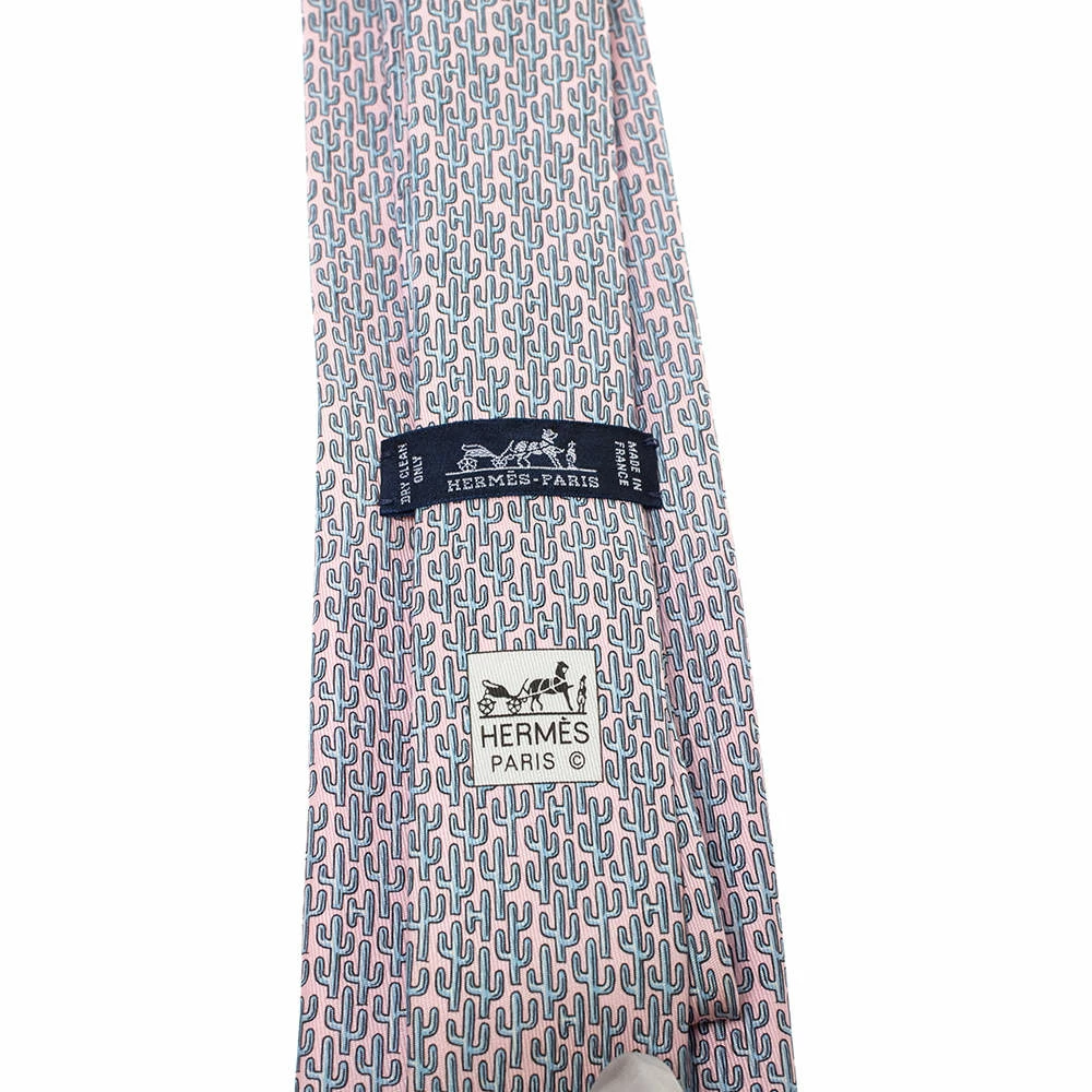 Hermes Pink & Blue Cactus Print Silk Tie For Men 6 Hermes Pink & Blue Cactus Print Silk Tie For Men - Image 4
