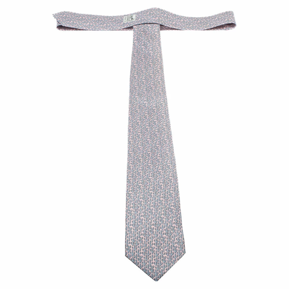 Hermes Pink & Blue Cactus Print Silk Tie For Men 5 Hermes Pink & Blue Cactus Print Silk Tie For Men - Image 3