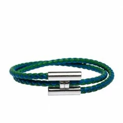 Hermes Hermès Tournis Tressé Bicolor Leather Palladium Plated Bracelet For Men