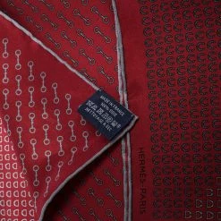 Hermes Maroon Horsebit Print Silk Twill Pocket Square For Men -Deals Hermes Store luxury men hermes used accessories p303317 006