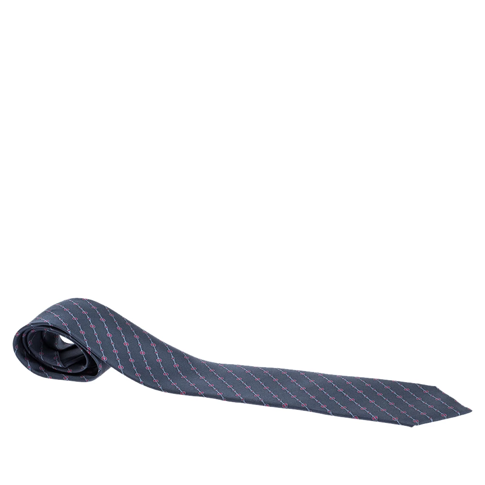 Hermes Anchor Grey Diagonal Horsebit Print Silk Tie For Men 3 Hermes Anchor Grey Diagonal Horsebit Print Silk Tie For Men