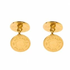 Hermes Selle Bijouterie Fantaisie Gold Plated Round Cufflinks For Men -Deals Hermes Store luxury men hermes used accessories p306078 004