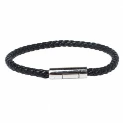 Hermes Goliath Noir Braided Leather Palladium Plated Bracelet For Men