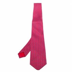 Hermes Pink Printed Silk Classic Tie For Men
