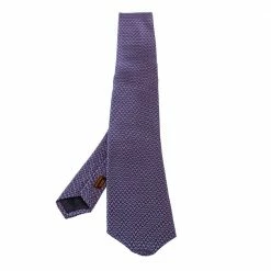 Hermes Navy Blue Printed Silk Classic Tie For Men