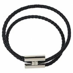 Hermes Hermès Tournis Tresse Black Leather Palladium Plated Bracelet For Men -Deals Hermes Store luxury men hermes used accessories p396907 001