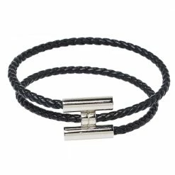 Hermes Hermès Tournis Tresse Black Leather Palladium Plated Bracelet For Men