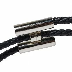 Hermes Hermès Tournis Tresse Black Leather Palladium Plated Bracelet For Men -Deals Hermes Store luxury men hermes used accessories p396907 003