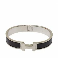 Hermes Hermès Clic HH Black Enamel Brushed Palladium Plated Bracelet For Men
