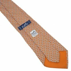 Hermes Orange Silk Printed Tie For Men -Deals Hermes Store luxury men hermes used accessories p42711 004