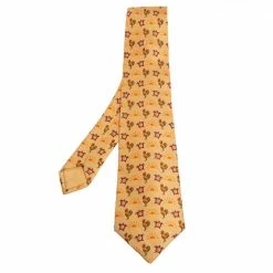 Hermes Yellow Rooster & Clock Print Silk Tie For Men
