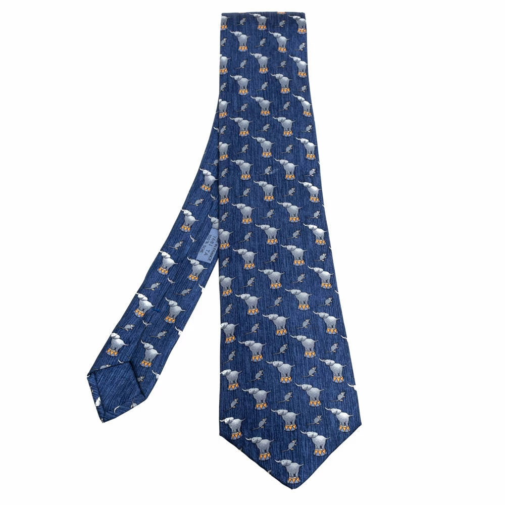 Hermes Hermès Navy Blue Elephant & Mouse Print Silk Tie For Men 3 Hermes Hermès Navy Blue Elephant & Mouse Print Silk Tie For Men