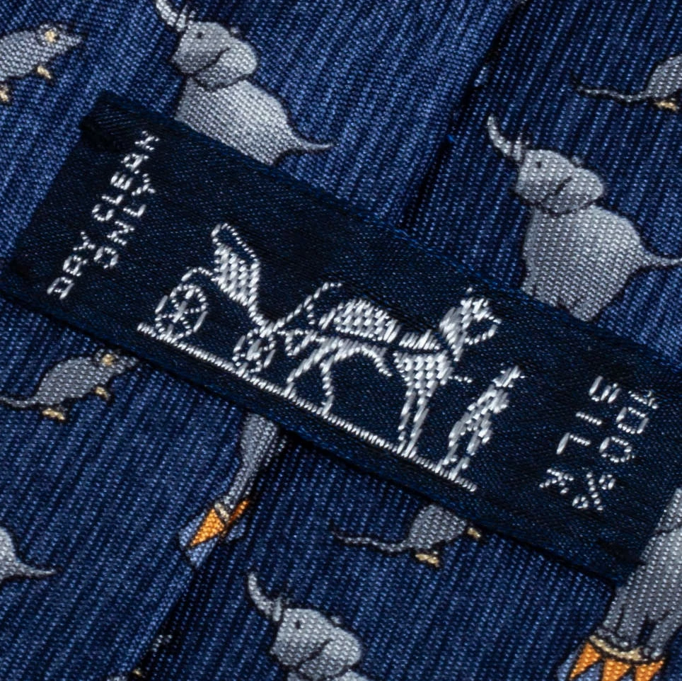 Hermes Hermès Navy Blue Elephant & Mouse Print Silk Tie For Men 5 Hermes Hermès Navy Blue Elephant & Mouse Print Silk Tie For Men - Image 3