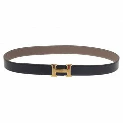 Hermes Black/Grey Leather Reversible H Buckle Belt 95 CM For Men