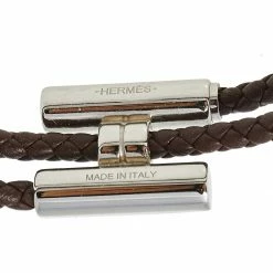 Hermes Tournis Tresse Brown Leather Palladium Plated Bracelet For Men -Deals Hermes Store luxury men hermes used accessories p470348 002
