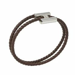 Hermes Tournis Tresse Brown Leather Palladium Plated Bracelet For Men -Deals Hermes Store luxury men hermes used accessories p470348 004