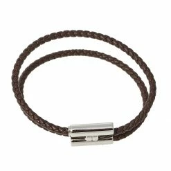 Hermes Tournis Tresse Brown Leather Palladium Plated Bracelet For Men -Deals Hermes Store luxury men hermes used accessories p470348 008