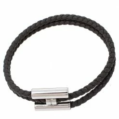 Hermes Hermès Tournis Tresse Grey Leather Palladium Plated Bracelet For Men -Deals Hermes Store luxury men hermes used accessories p470771 002