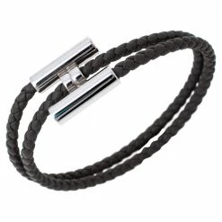Hermes Hermès Tournis Tresse Grey Leather Palladium Plated Bracelet For Men -Deals Hermes Store luxury men hermes used accessories p470771 005