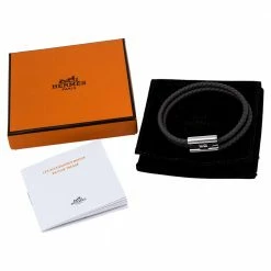 Hermes Hermès Tournis Tresse Grey Leather Palladium Plated Bracelet For Men -Deals Hermes Store luxury men hermes used accessories p470771 006