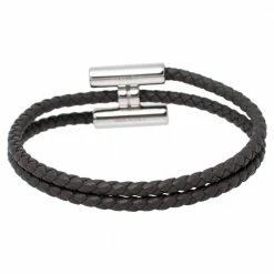 Hermes Hermès Tournis Tresse Grey Leather Palladium Plated Bracelet For Men -Deals Hermes Store luxury men hermes used accessories p470771 008