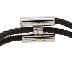 Hermes Hermès Tournis Tresse Grey Leather Palladium Plated Bracelet For Men -Deals Hermes Store luxury men hermes used accessories p470771 009