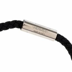 Hermes Hermès Black Braided Leather Palladium Plated Goliath Bracelet For Men -Deals Hermes Store luxury men hermes used accessories p482972 003