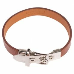 Hermes Hermès Brown Leather Palladium Plated Java 10 Bracelet M For Men -Deals Hermes Store luxury men hermes used accessories p488461 001
