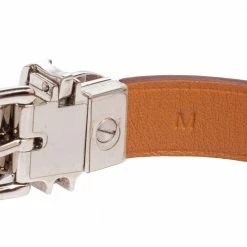 Hermes Hermès Brown Leather Palladium Plated Java 10 Bracelet M For Men -Deals Hermes Store luxury men hermes used accessories p488461 005