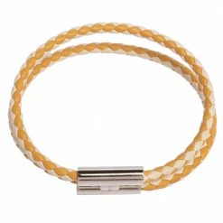 Hermes Hermès Tournis Tresse Bicolor Woven Leather Palladium Plated Bracelet For Men -Deals Hermes Store luxury men hermes used accessories p488483 002
