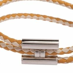 Hermes Hermès Tournis Tresse Bicolor Woven Leather Palladium Plated Bracelet For Men -Deals Hermes Store luxury men hermes used accessories p488483 003