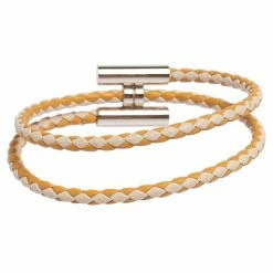 Hermes Hermès Tournis Tresse Bicolor Woven Leather Palladium Plated Bracelet For Men -Deals Hermes Store luxury men hermes used accessories p488483 004