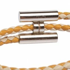 Hermes Hermès Tournis Tresse Bicolor Woven Leather Palladium Plated Bracelet For Men -Deals Hermes Store luxury men hermes used accessories p488483 005