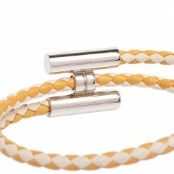 Hermes Hermès Tournis Tresse Bicolor Woven Leather Palladium Plated Bracelet For Men -Deals Hermes Store luxury men hermes used accessories p488483 006