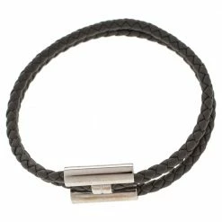 Hermes Tournis Tresse Grey Woven Leather Palladium Plated H Bracelet For Men -Deals Hermes Store luxury men hermes used accessories p488484 003