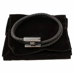 Hermes Tournis Tresse Grey Woven Leather Palladium Plated H Bracelet For Men -Deals Hermes Store luxury men hermes used accessories p488484 004