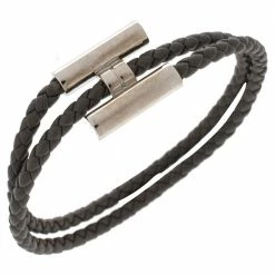 Hermes Tournis Tresse Grey Woven Leather Palladium Plated H Bracelet For Men -Deals Hermes Store luxury men hermes used accessories p488484 007