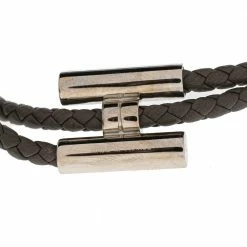 Hermes Tournis Tresse Grey Woven Leather Palladium Plated H Bracelet For Men -Deals Hermes Store luxury men hermes used accessories p488484 008