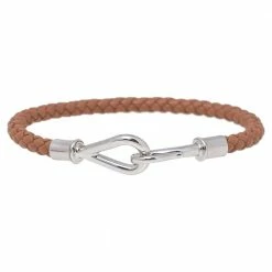 Hermes Brown Braided Leather Palladium Plated Metal Jumbo H Bracelet For Men