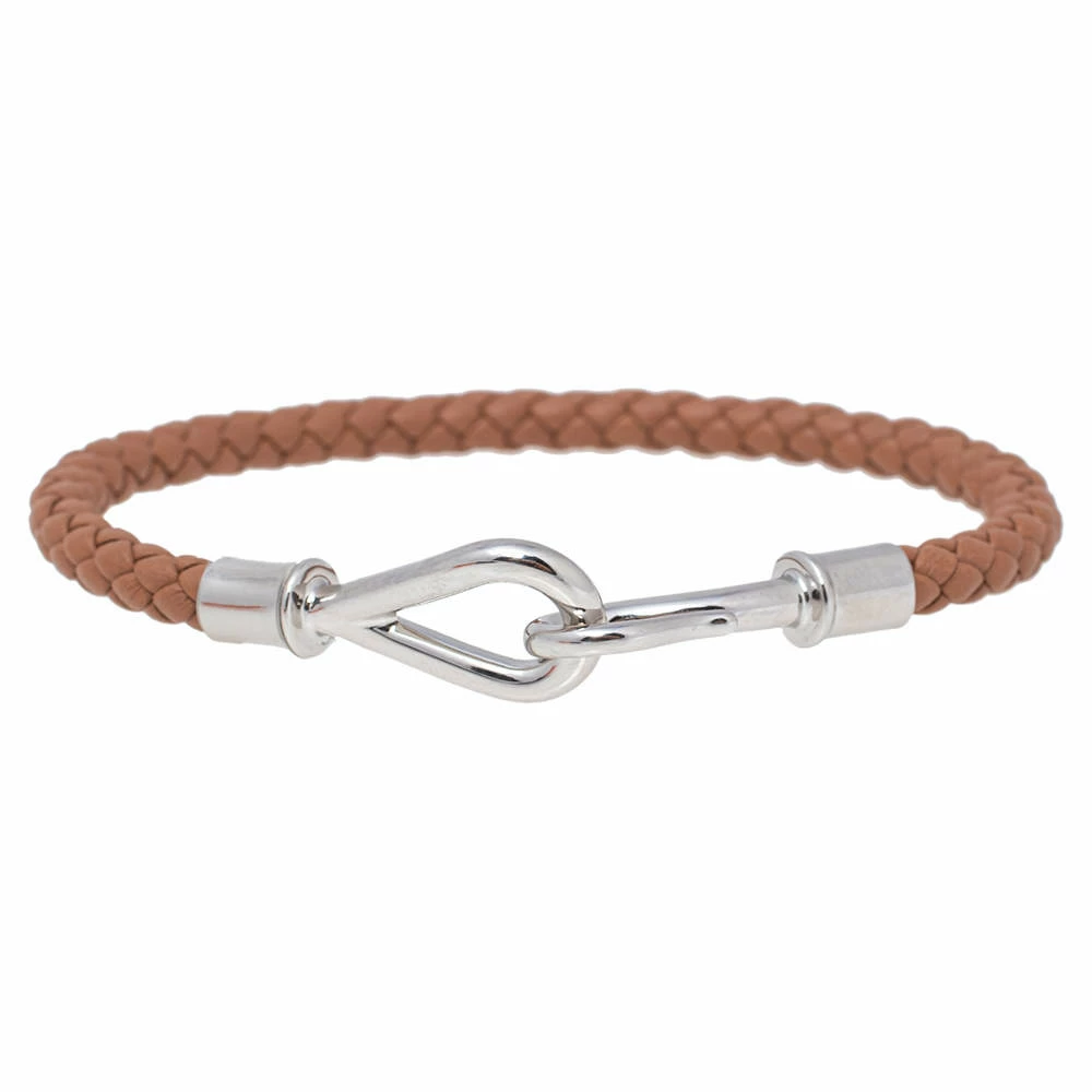 Hermes Brown Braided Leather Palladium Plated Metal Jumbo H Bracelet For Men 3 Hermes Brown Braided Leather Palladium Plated Metal Jumbo H Bracelet For Men