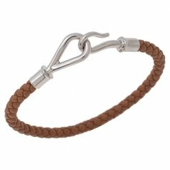 Hermes Brown Braided Leather Palladium Plated Metal Jumbo H Bracelet For Men 12 Hermes Brown Braided Leather Palladium Plated Metal Jumbo H Bracelet For Men -Deals Hermes Store luxury men hermes used accessories p506251 007