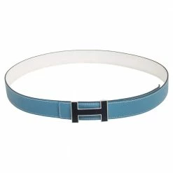 Hermes Blue Jean/Craie Epsom And Swift Leather Focus Reversible Buckle Belt 100CM For Men