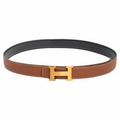 Hermes Gold/Noir Togo And Box Leather H Reversible Buckle Belt 100CM For Men