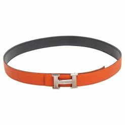 Hermes Orange/Noir Togo And Box Leather H Reversible Buckle Belt 95CM For Men