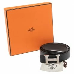 Hermes Black/Chocolate Swift And Epsom Leather Reversible H Buckle Belt 100CM For Men -Deals Hermes Store luxury men hermes used accessories p556885 001